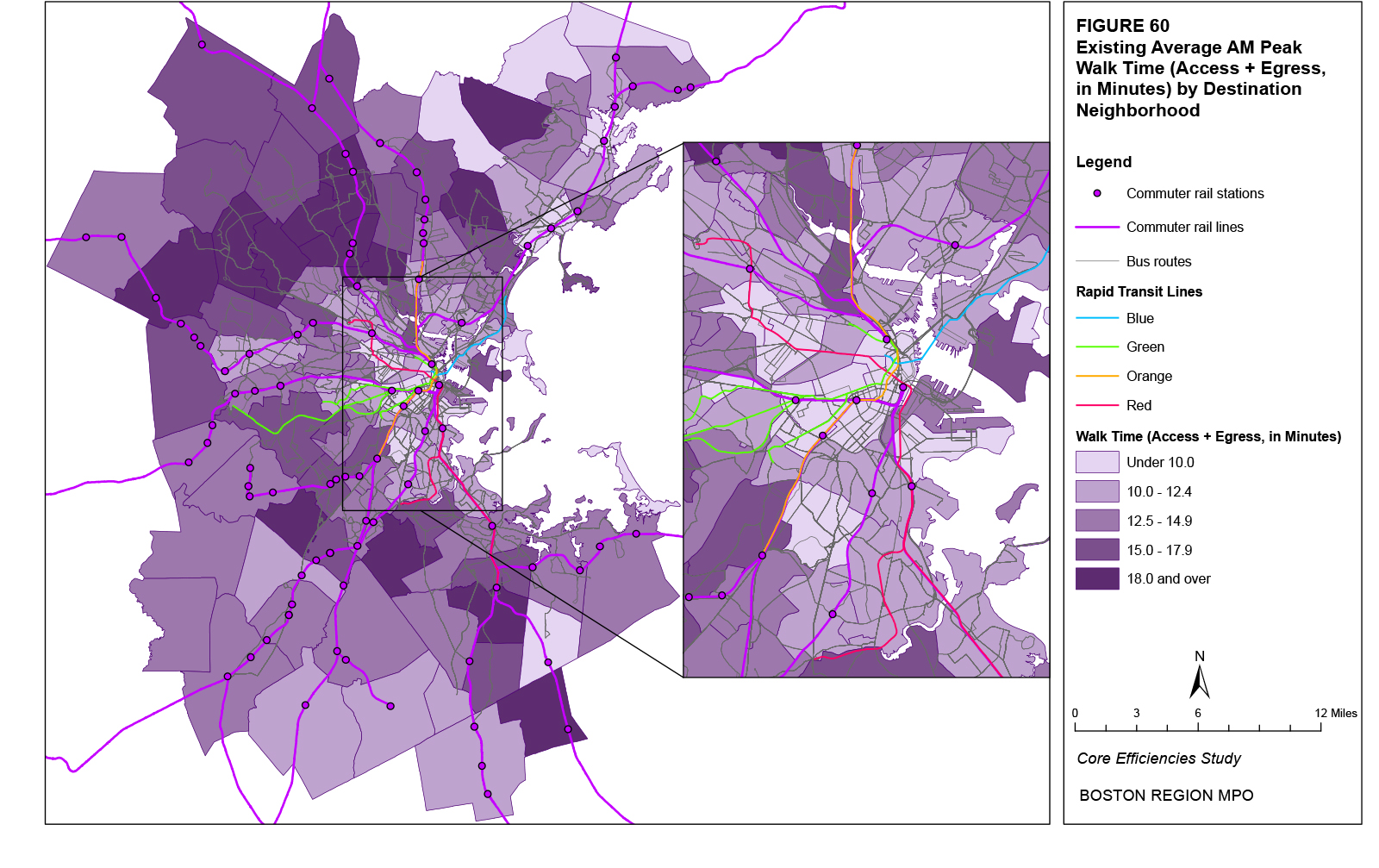 This map shows the existing average AM peak walk times for destination trips by neighborhood.